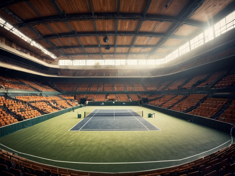 网球赛事观众席与球场全景，比赛氛围热烈
