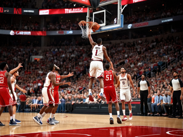 NBA 比赛现场，球员在篮下起跳投篮，观众席一片欢呼